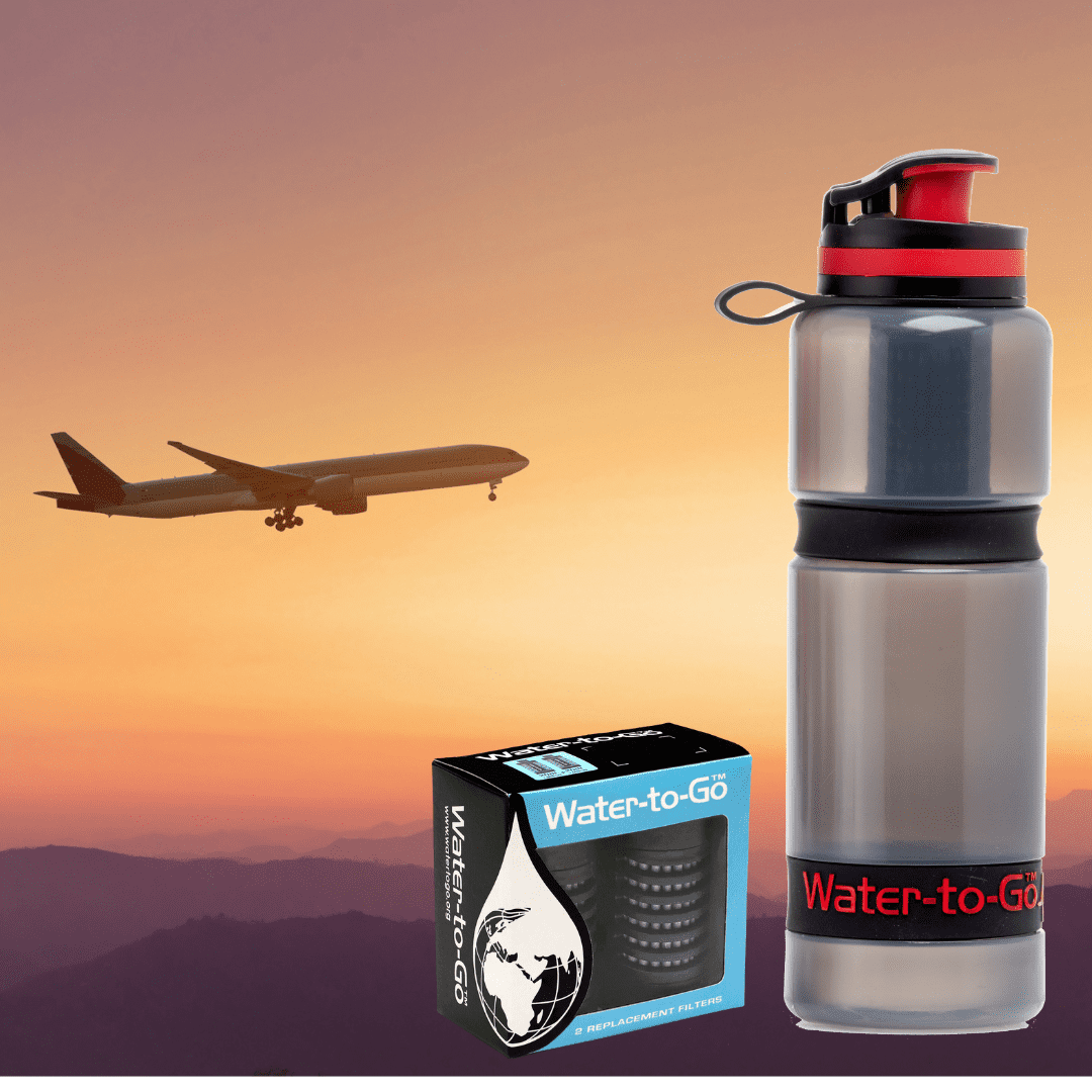 Water to Go water filter bottle with airplane in background